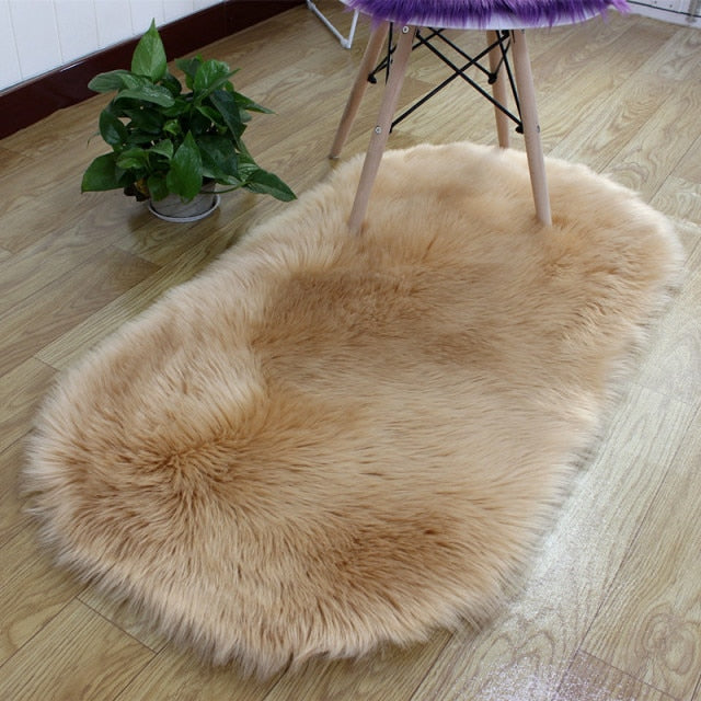 Oval Soft Fluffy Faux Sheepskin Fur Area Rug White Faux Bedside Rug