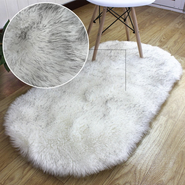 Oval Soft Fluffy Faux Sheepskin Fur Area Rug White Faux Bedside Rug