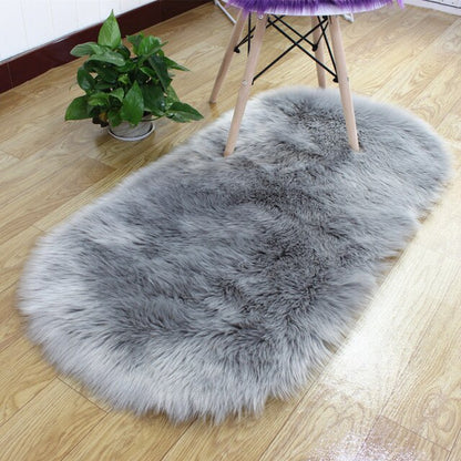 Oval Soft Fluffy Faux Sheepskin Fur Area Rug White Faux Bedside Rug