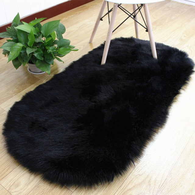 Oval Soft Fluffy Faux Sheepskin Fur Area Rug White Faux Bedside Rug