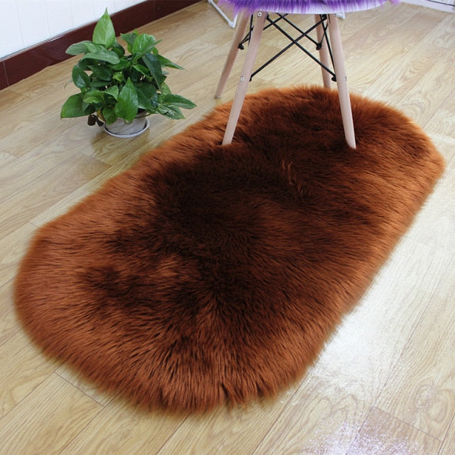 Oval Soft Fluffy Faux Sheepskin Fur Area Rug White Faux Bedside Rug