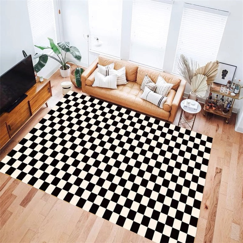 Checkerboard Printe Large Area Rug Non-slip Bedside black Rug