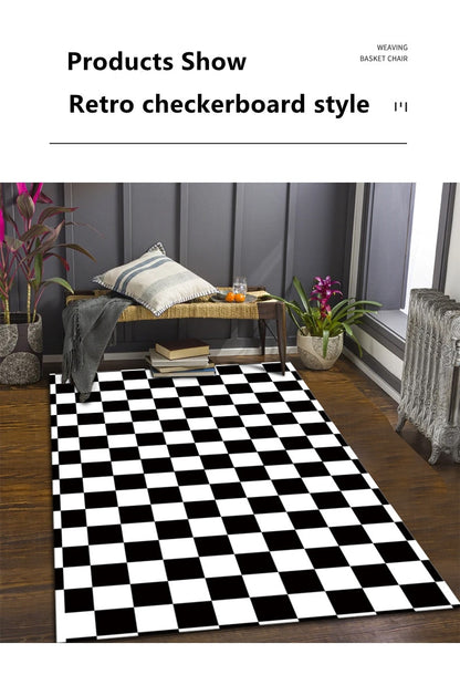 Checkerboard Printe Large Area Rug Non-slip Bedside black Rug