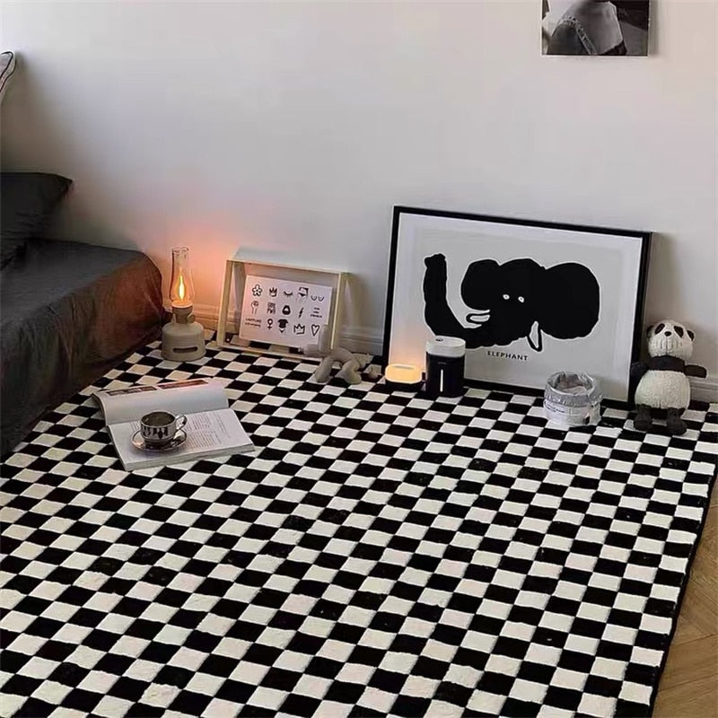 Checkerboard Printe Large Area Rug Non-slip Bedside black Rug