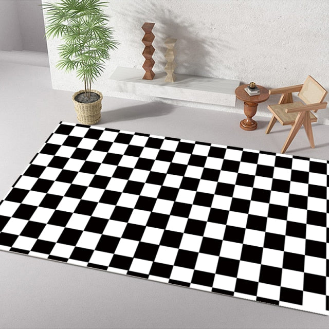 Checkerboard Printe Large Area Rug Non-slip Bedside black Rug