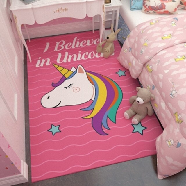 Pink Unicorn Series Flannel Cartoon 3D Printed Children Play Area Rug