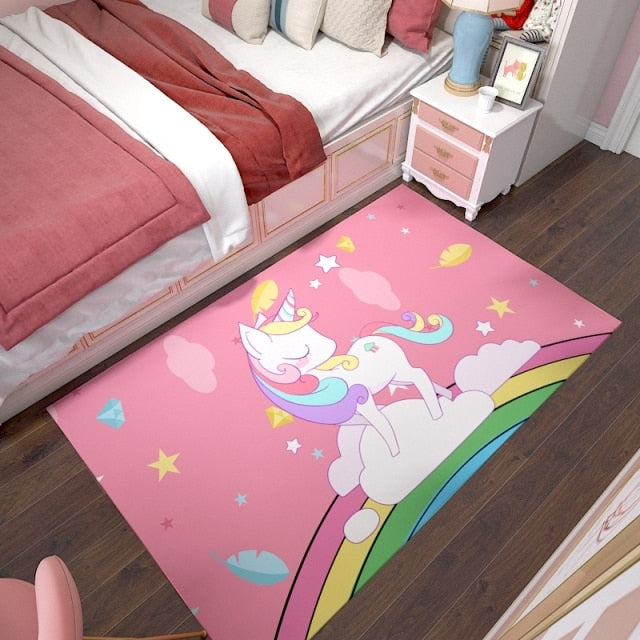 Pink Unicorn Series Flannel Cartoon 3D Printed Children Play Area Rug