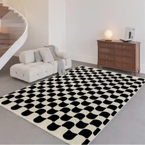 Mousse Style French Retro Living Room Black And White Plaid Rug