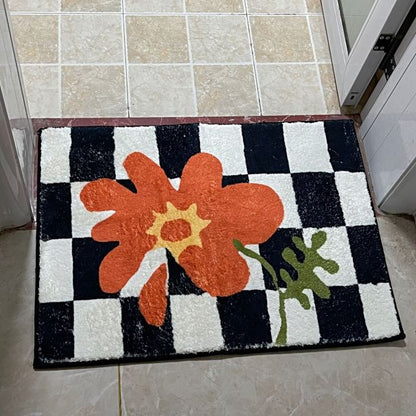 Fluffy Grids Soft Floral Bathroom Mat Bedside Function Entrance Mat