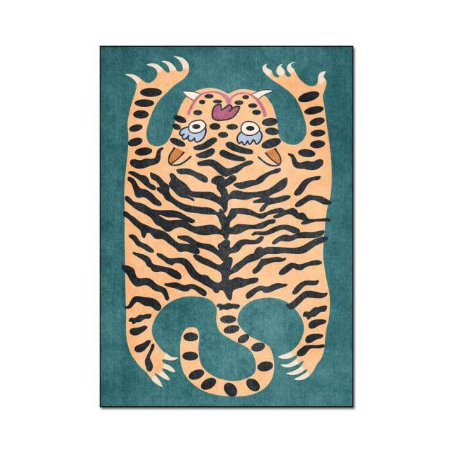 Green Tiger Print Rug Living Room Cartoon Animal Kids Room Rug